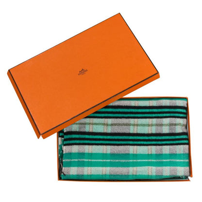 Hermes Cashmere Tartan Check Fringe Blanket Scarf Large Shawl Green Ladies Used