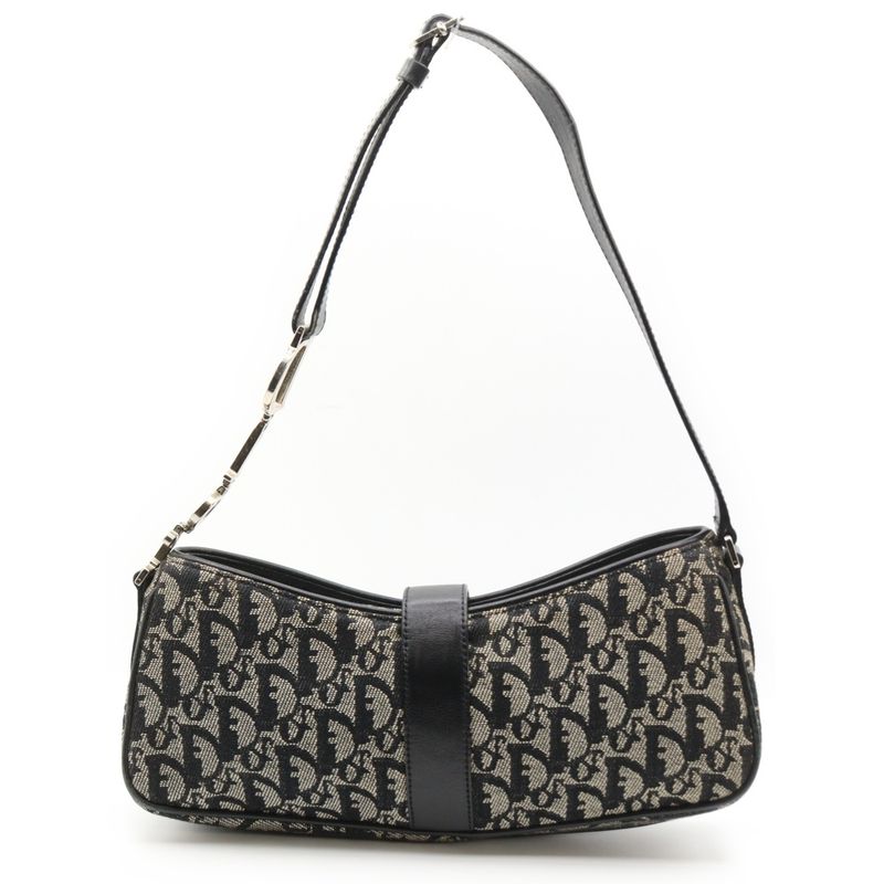 Christian Dior Trotter One Shoulder Bag Handbag Gray Leather X Canvas Silver