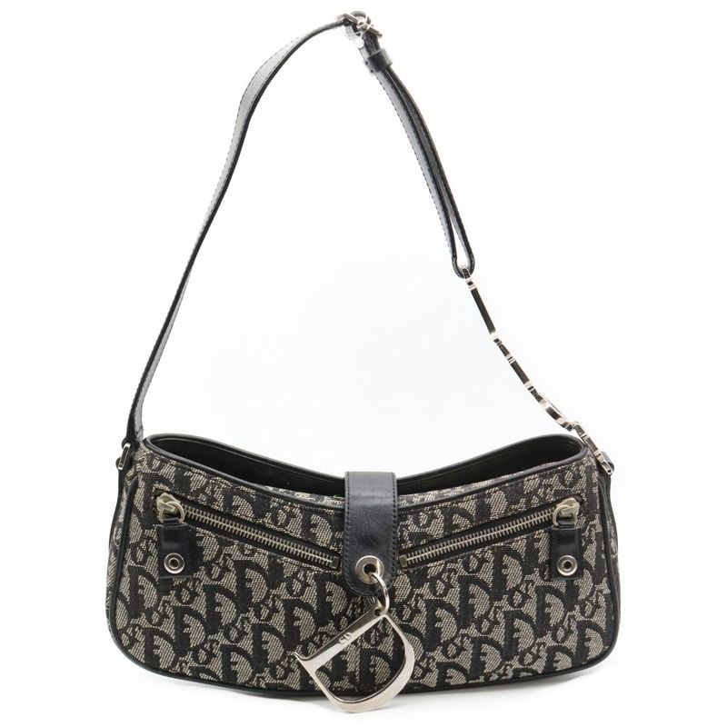 Christian Dior Trotter One Shoulder Bag Handbag Gray Leather X Canvas Silver