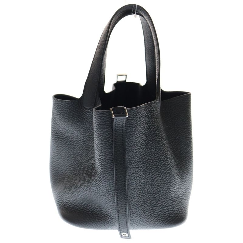 Hermes Picotin Lock MM Taurillon Clemence Leather Handbag Silver Hardware Black