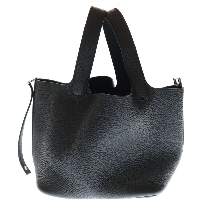 Hermes Picotin Lock MM Taurillon Clemence Leather Handbag Silver Hardware Black
