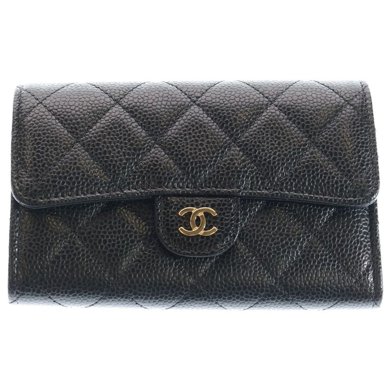 Chanel Matelasse Medium Flap Wallet Black Caviar Skin Gold Hardware Ap0232