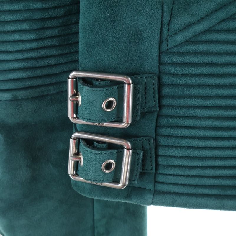 Gucci Mouton Double Riders Jacket Lamb Leather Lined Boa Women's Green 390104