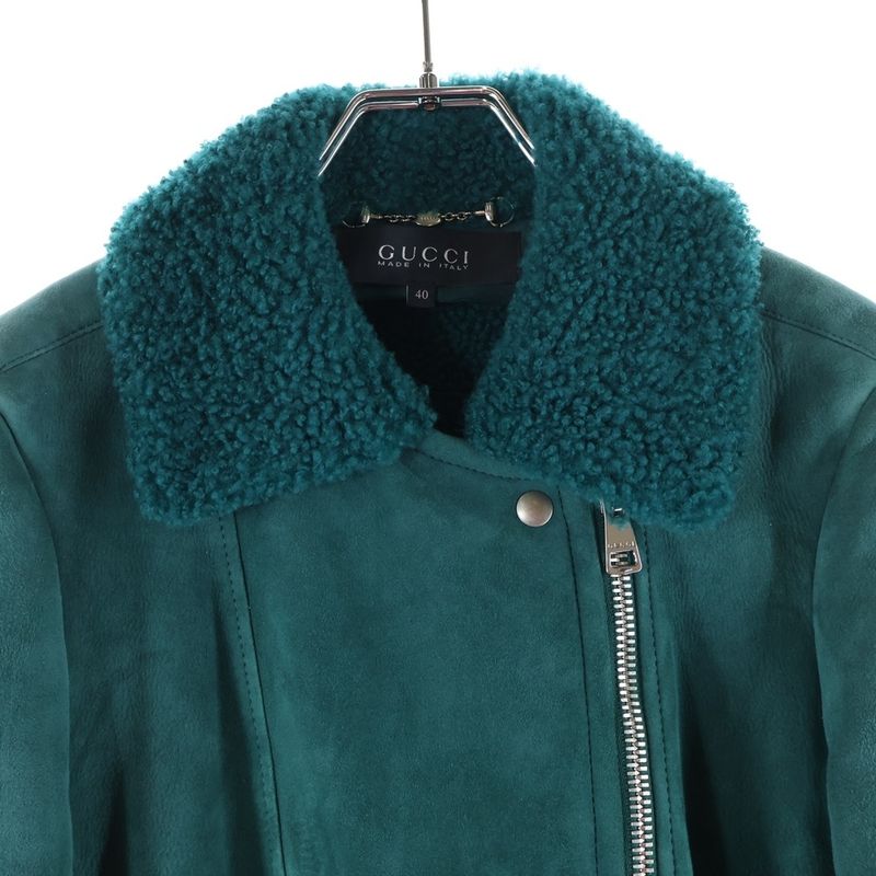 Gucci Mouton Double Riders Jacket Lamb Leather Lined Boa Women's Green 390104