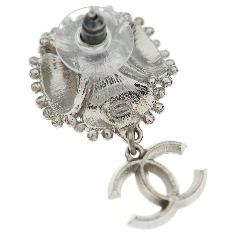 Chanel Coco Mark Camellia Flower Motif Rhinestone Earrings Black and Silver