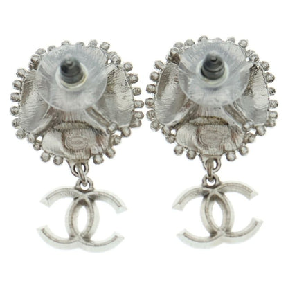 Chanel Coco Mark Camellia Flower Motif Rhinestone Earrings Black and Silver