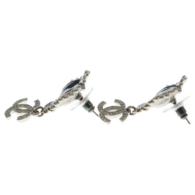 Chanel Coco Mark Camellia Flower Motif Rhinestone Earrings Black and Silver