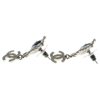 Chanel Coco Mark Camellia Flower Motif Rhinestone Earrings Black and Silver