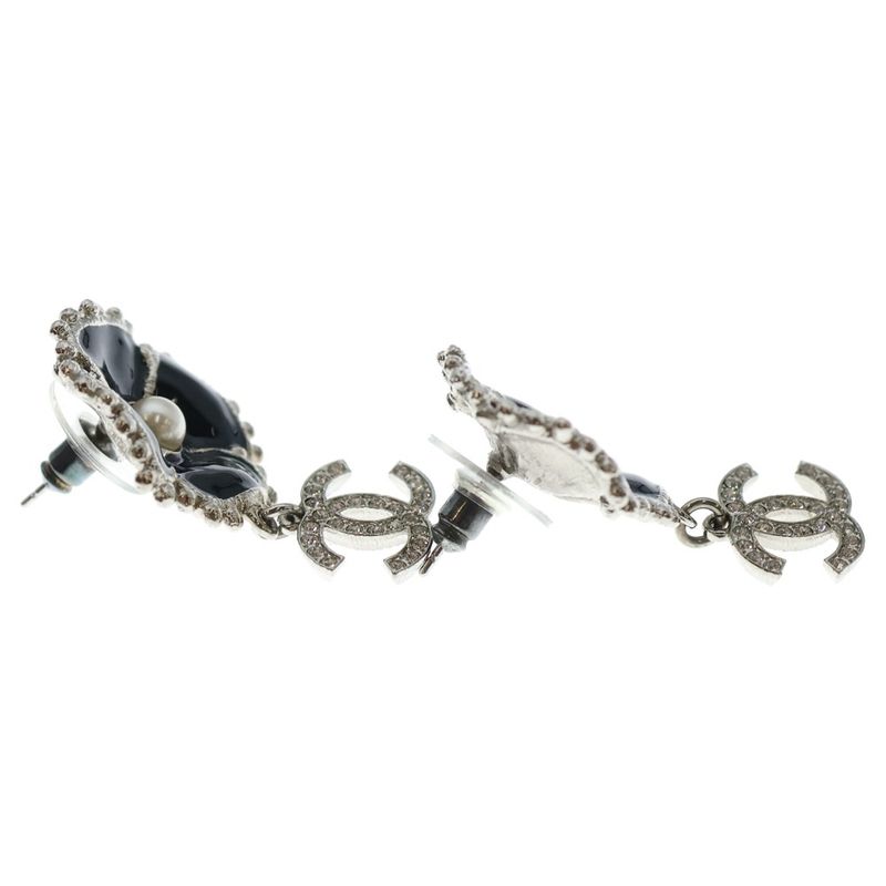 Chanel Coco Mark Camellia Flower Motif Rhinestone Earrings Black and Silver