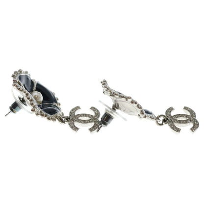Chanel Coco Mark Camellia Flower Motif Rhinestone Earrings Black and Silver