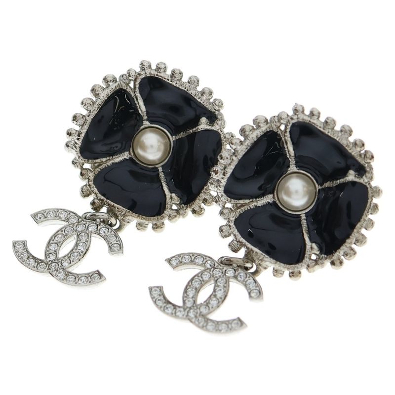 Chanel Coco Mark Camellia Flower Motif Rhinestone Earrings Black and Silver