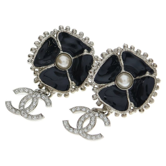 Chanel Coco Mark Camellia Flower Motif Rhinestone Earrings Black and Silver