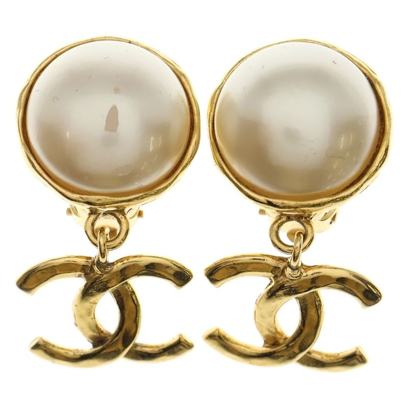 Chanel Coco Mark Faux Pearl Earrings Gold and White