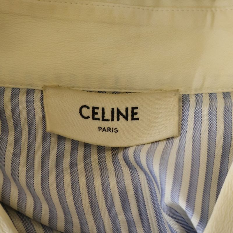 Celine Silk Stripe Front Triomphe Logo Embroidery Long Sleeve Shirt Blue White