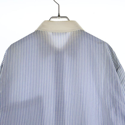 Celine Silk Stripe Front Triomphe Logo Embroidery Long Sleeve Shirt Blue White