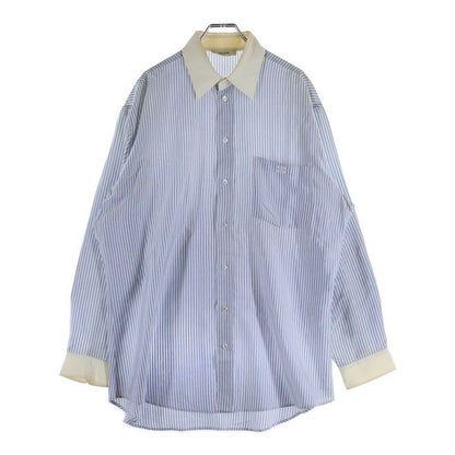 Celine Silk Stripe Front Triomphe Logo Embroidery Long Sleeve Shirt Blue White