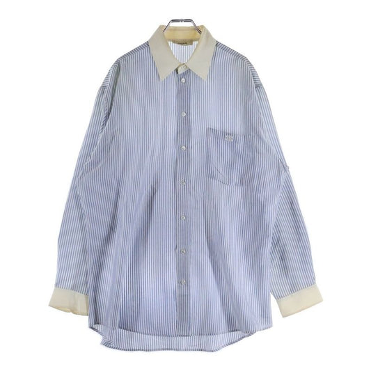 Celine Silk Stripe Front Triomphe Logo Embroidery Long Sleeve Shirt Blue White