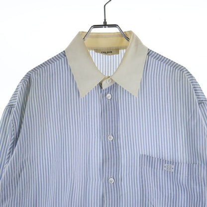 Celine Silk Stripe Front Triomphe Logo Embroidery Long Sleeve Shirt Blue White