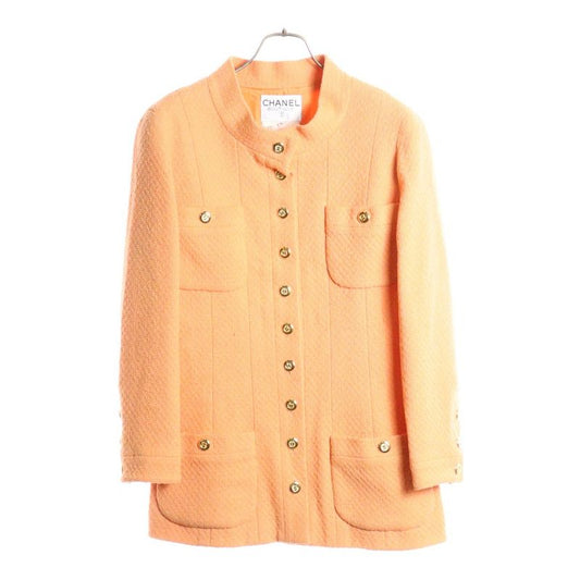 Chanel Coco Mark Button Wool Tweed Stand Collar 10b Jacket Orange Ladies