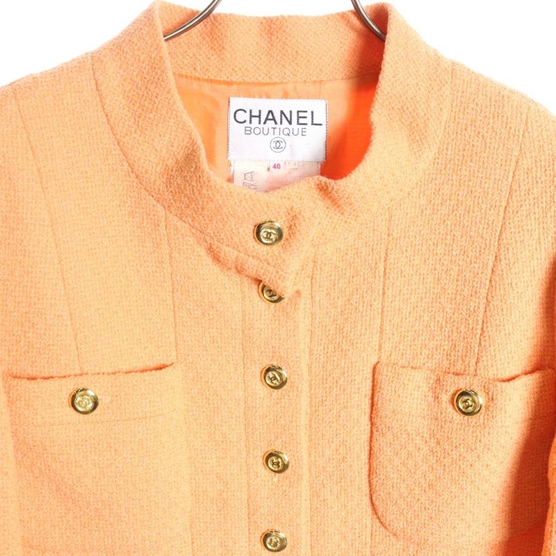 Chanel Coco Mark Button Wool Tweed Stand Collar 10b Jacket Orange Ladies