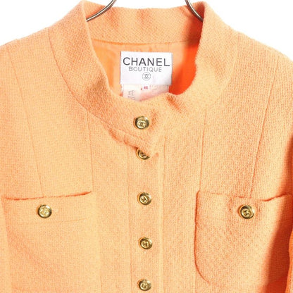 Chanel Coco Mark Button Wool Tweed Stand Collar 10b Jacket Orange Ladies