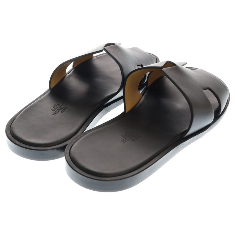 Hermes Izmir H Logo Leather Flat Sandals Shoes Black