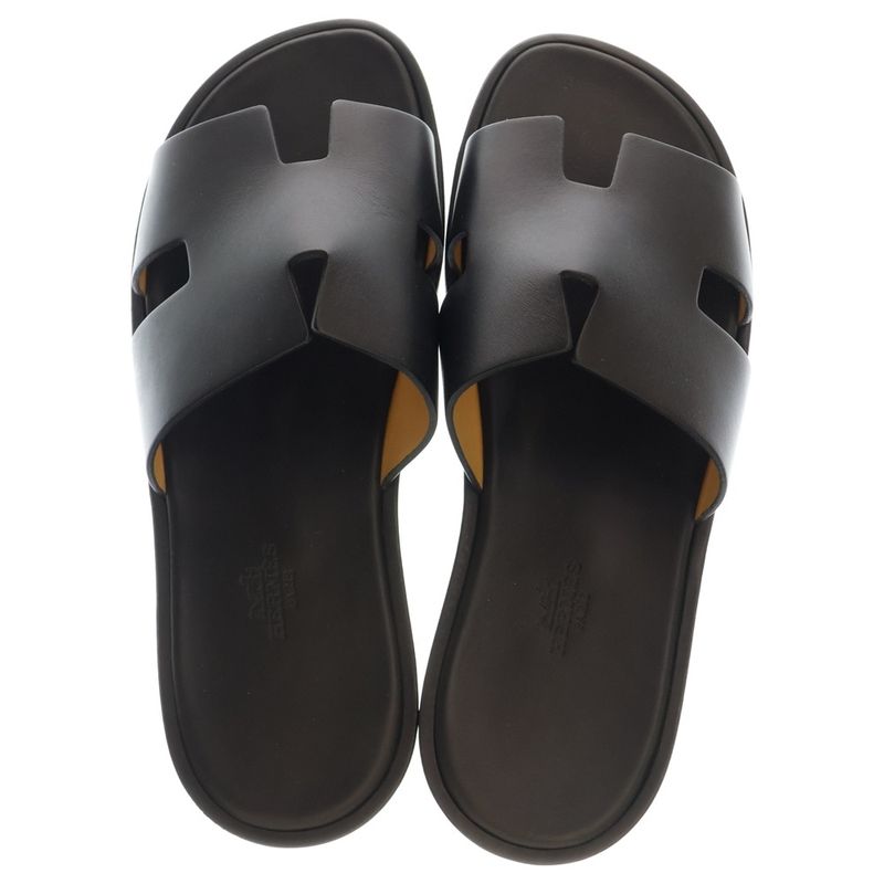 Hermes Izmir H Logo Leather Flat Sandals Shoes Black