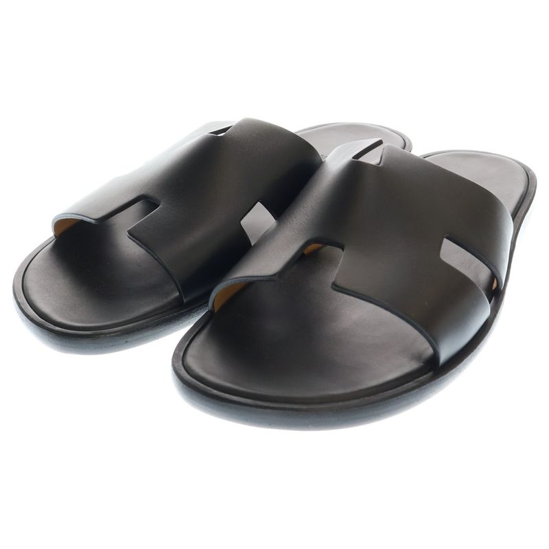 Hermes Izmir H Logo Leather Flat Sandals Shoes Black