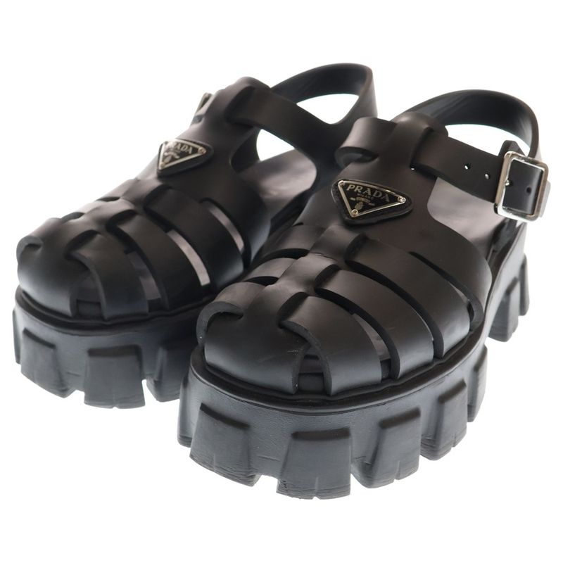 Prada Monolith Triangle Logo Plate Rubber Strap Sandal Black Women 2x3083