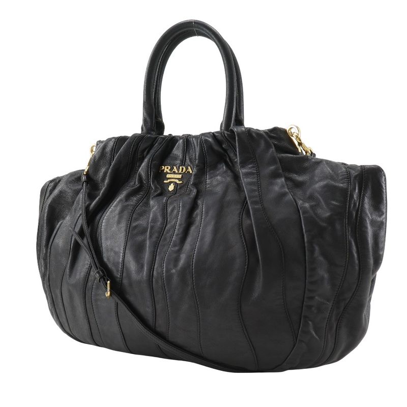Prada Logo 2way Shoulder Pumpkin Lambskin Black Ladies Handbag
