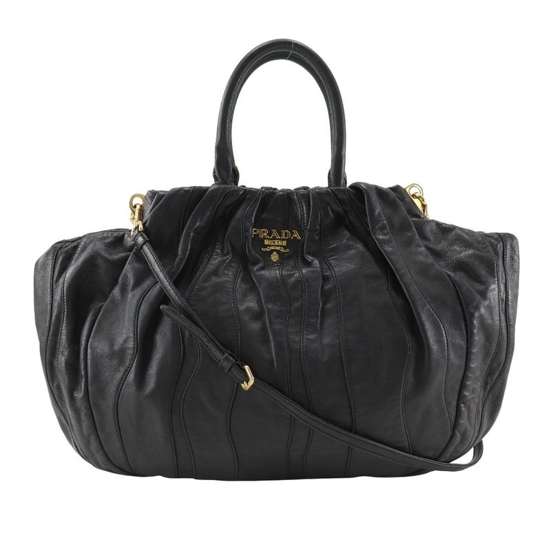 Prada Logo 2way Shoulder Pumpkin Lambskin Black Ladies Handbag