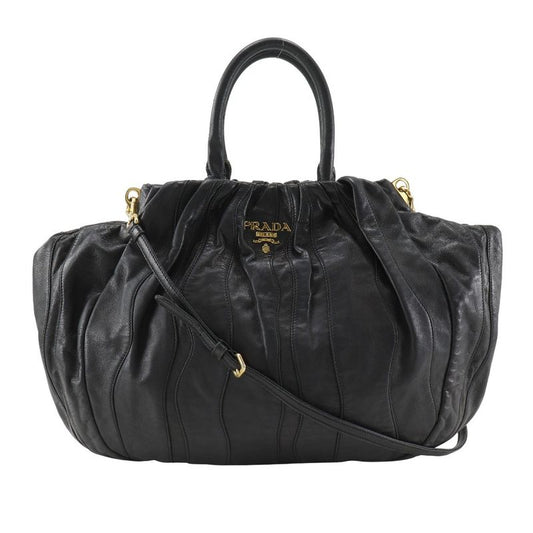 Prada Logo 2way Shoulder Pumpkin Lambskin Black Ladies Handbag