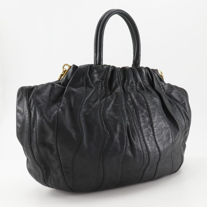 Prada Logo 2way Shoulder Pumpkin Lambskin Black Ladies Handbag