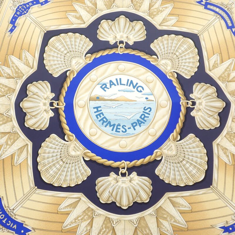 Hermes Carre 90 Ship's Handrail Railing Scarf Large Silk Ivory Blue Gold
