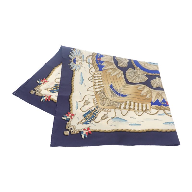 Hermes Carre 90 Ship's Handrail Railing Scarf Large Silk Ivory Blue Gold