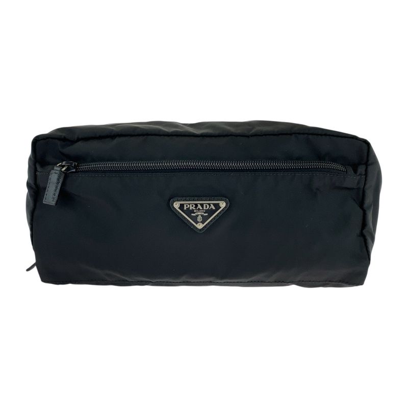 Prada Tessuto Saffiano Leather Triangle Logo Plate Black Nylon Clutch Bag
