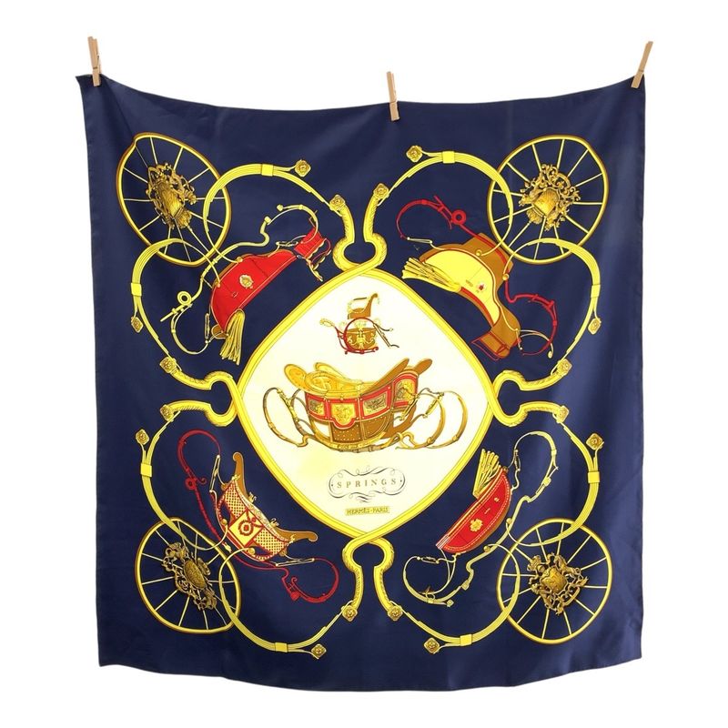 Hermes Springs Carré 90 Navy Multicolor Silk Scarf Large Scarf Women 506455