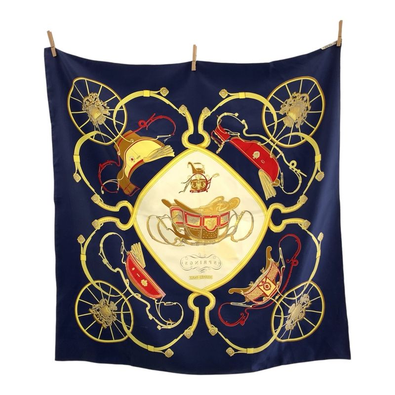 Hermes Springs Carré 90 Navy Multicolor Silk Scarf Large Scarf Women 506455