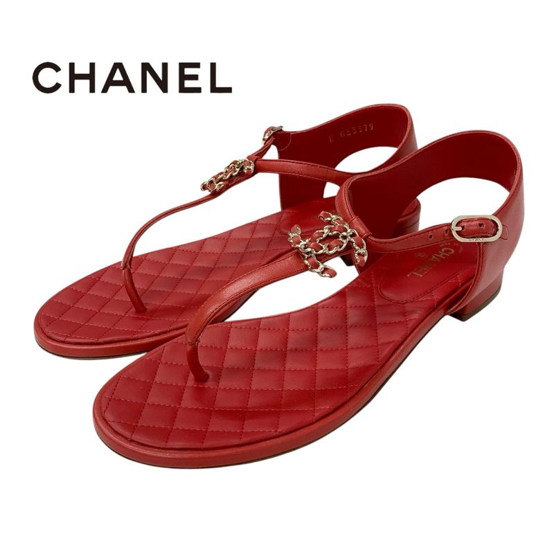 Chanel Sandals Shoes Leather Red Gold Here Mark Chain Strap Thong