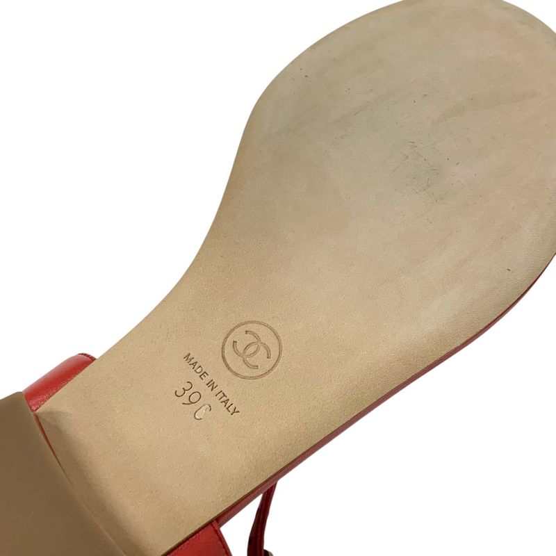 Chanel Sandals Shoes Leather Red Gold Here Mark Chain Strap Thong