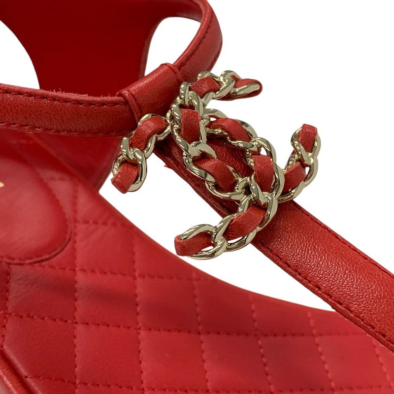 Chanel Sandals Shoes Leather Red Gold Here Mark Chain Strap Thong