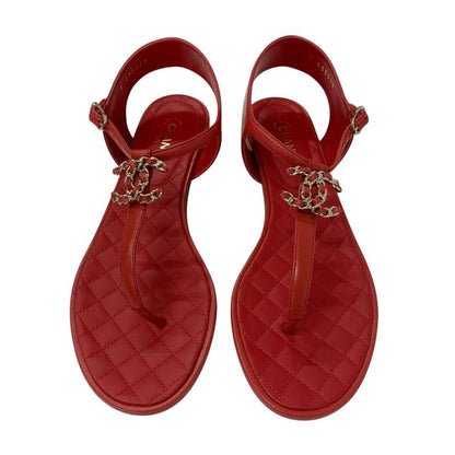 Chanel Sandals Shoes Leather Red Gold Here Mark Chain Strap Thong