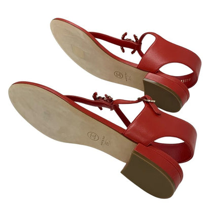 Chanel Sandals Shoes Leather Red Gold Here Mark Chain Strap Thong