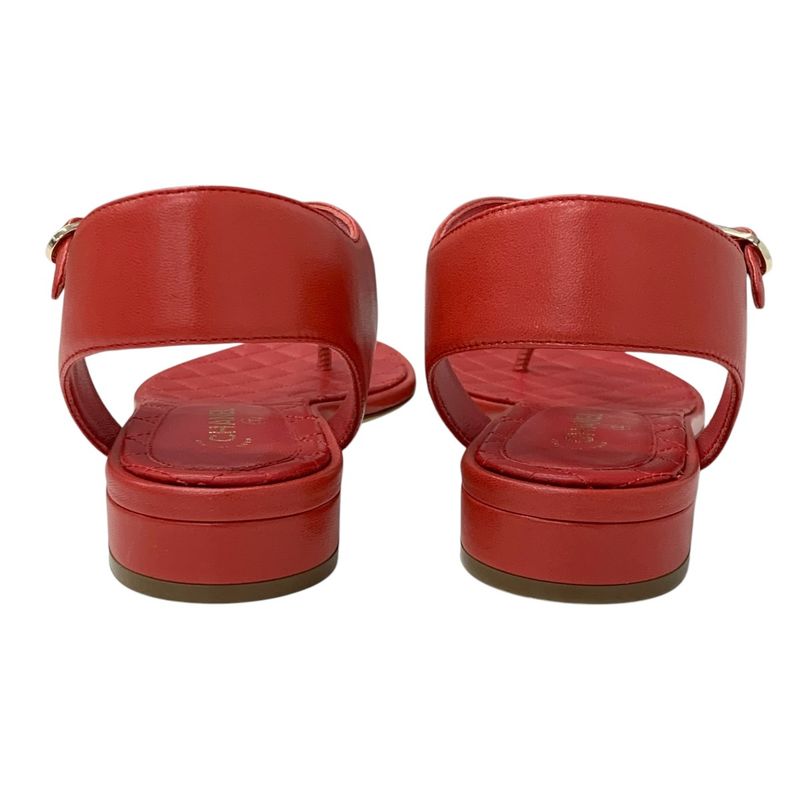 Chanel Sandals Shoes Leather Red Gold Here Mark Chain Strap Thong