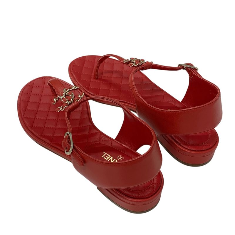 Chanel Sandals Shoes Leather Red Gold Here Mark Chain Strap Thong