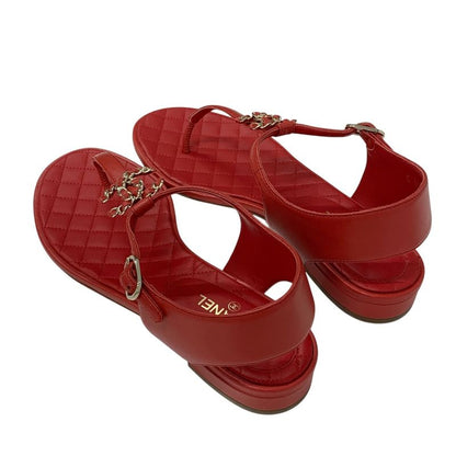 Chanel Sandals Shoes Leather Red Gold Here Mark Chain Strap Thong
