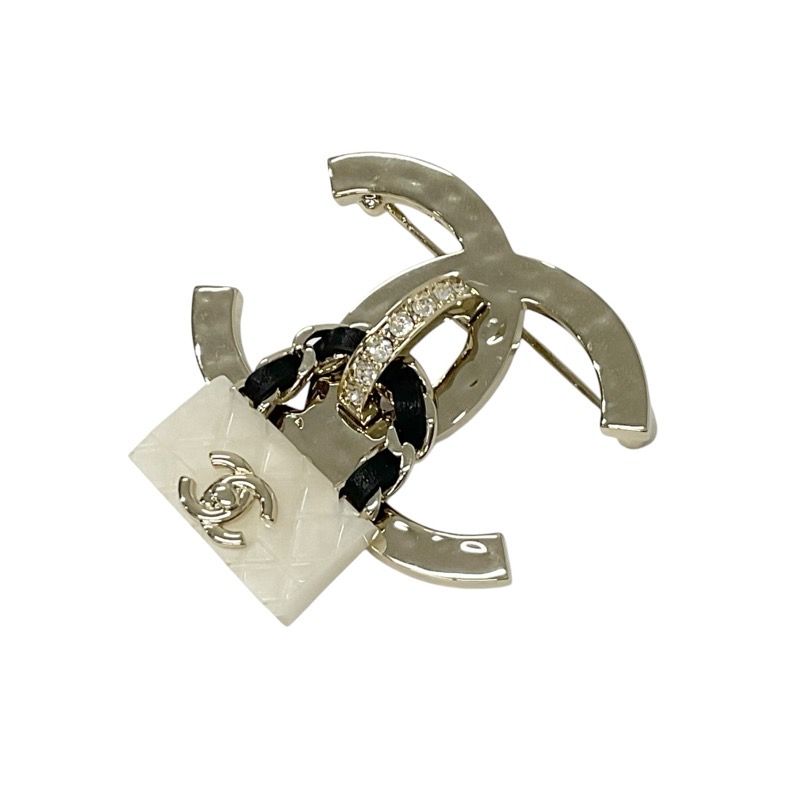 Chanel Brooch Corsage Gold White Black Coco Mark Matelasse Rhinestone