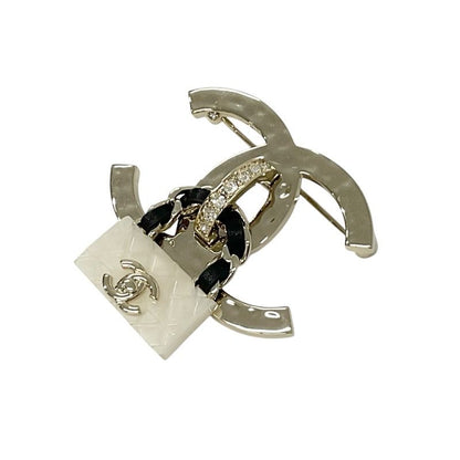 Chanel Brooch Corsage Gold White Black Coco Mark Matelasse Rhinestone