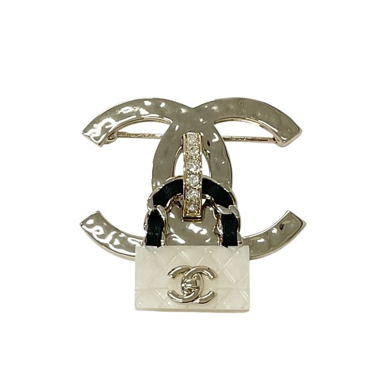 Chanel Brooch Corsage Gold White Black Coco Mark Matelasse Rhinestone