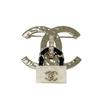 Chanel Brooch Corsage Gold White Black Coco Mark Matelasse Rhinestone